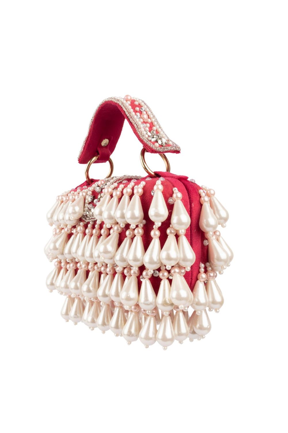 Pearl handcrafted clutch bag with traditional detailing short handle and detachable shoulder chain for wedding and festive wear