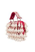 Pearl handcrafted clutch bag with traditional detailing short handle and detachable shoulder chain for wedding and festive wear