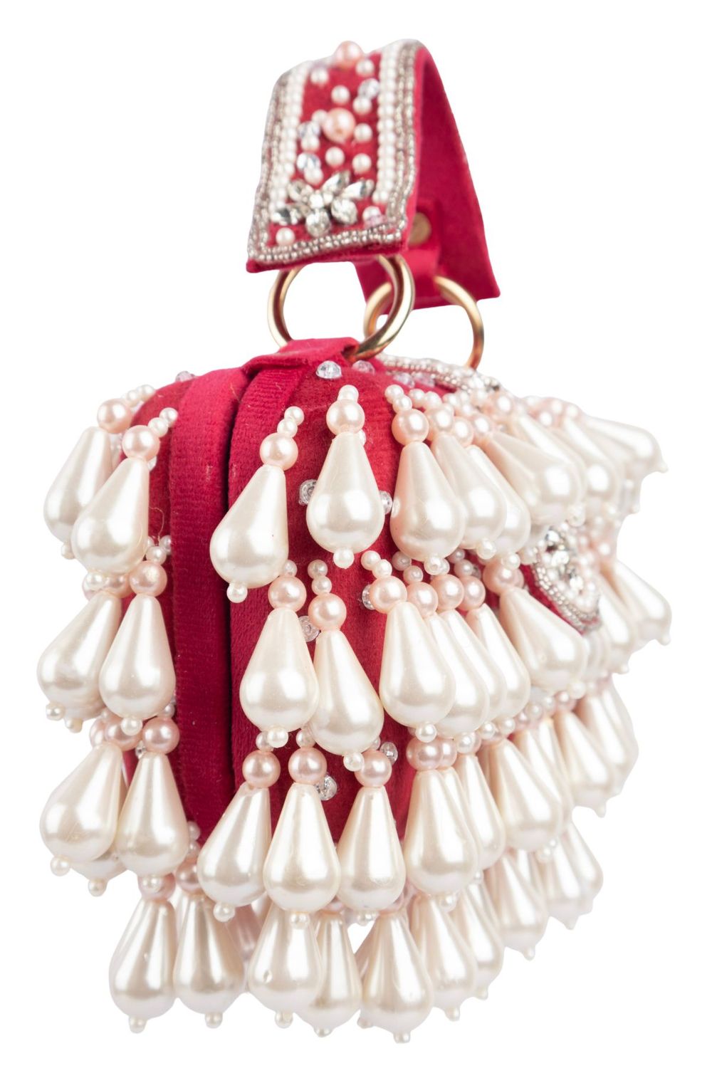 Pearl handcrafted clutch bag with traditional detailing short handle and detachable shoulder chain for wedding and festive wear