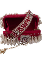 Pearl handcrafted clutch bag with traditional detailing short handle and detachable shoulder chain for wedding and festive wear