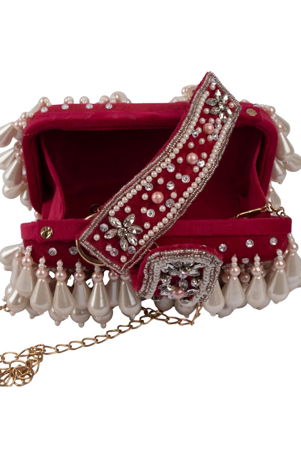 Pearl handcrafted clutch bag with traditional detailing short handle and detachable shoulder chain for wedding and festive wear