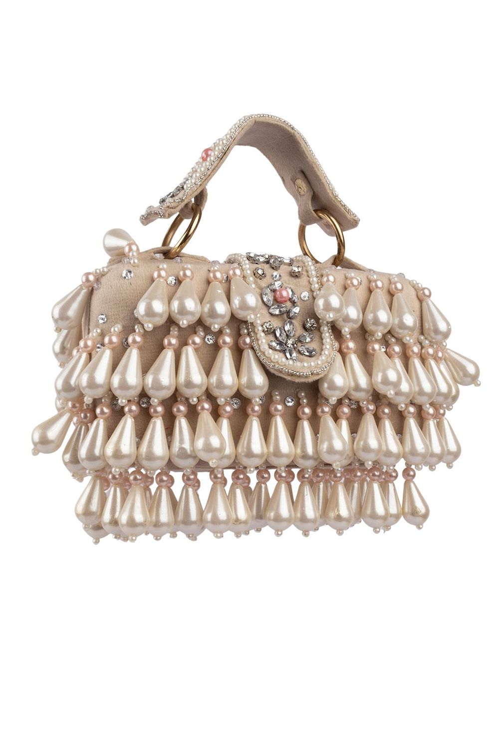 Handcrafted pearl clutch bag with traditional pearl detailing short handle and detachable shoulder chain for festive and wedding occasions