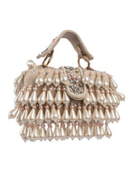 Handcrafted pearl clutch bag with traditional pearl detailing short handle and detachable shoulder chain for festive and wedding occasions