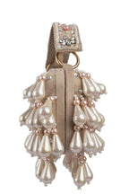 Handcrafted pearl clutch bag with traditional pearl detailing short handle and detachable shoulder chain for festive and wedding occasions