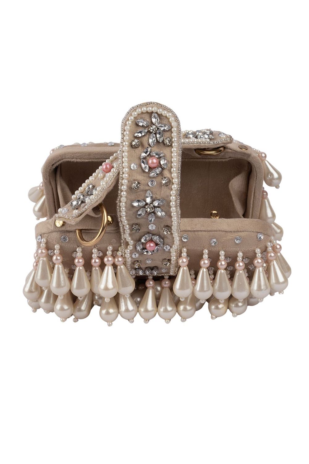 Handcrafted pearl clutch bag with traditional pearl detailing short handle and detachable shoulder chain for festive and wedding occasions