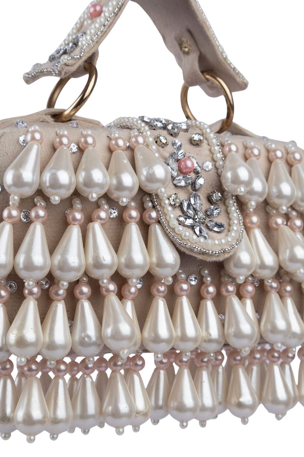 Handcrafted pearl clutch bag with traditional pearl detailing short handle and detachable shoulder chain for festive and wedding occasions