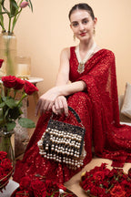 Black hand-embellished clutch bag with diamond pearl bead and sequin work with chain strap for party and wedding wear
