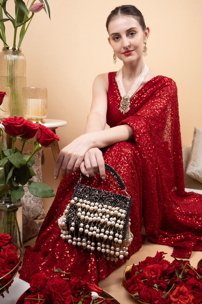 Black Hand Embellished Clutch Bag with Pearl Bead Work Main Image