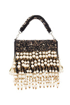 Black hand-embellished clutch bag with diamond pearl bead and sequin work with chain strap for party and wedding wear