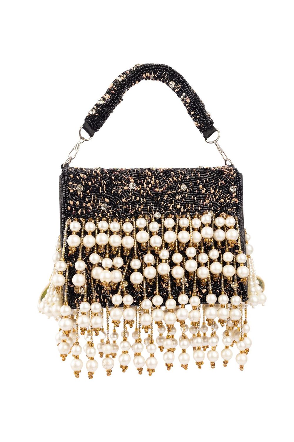 Black hand-embellished clutch bag with diamond pearl bead and sequin work with chain strap for party and wedding wear