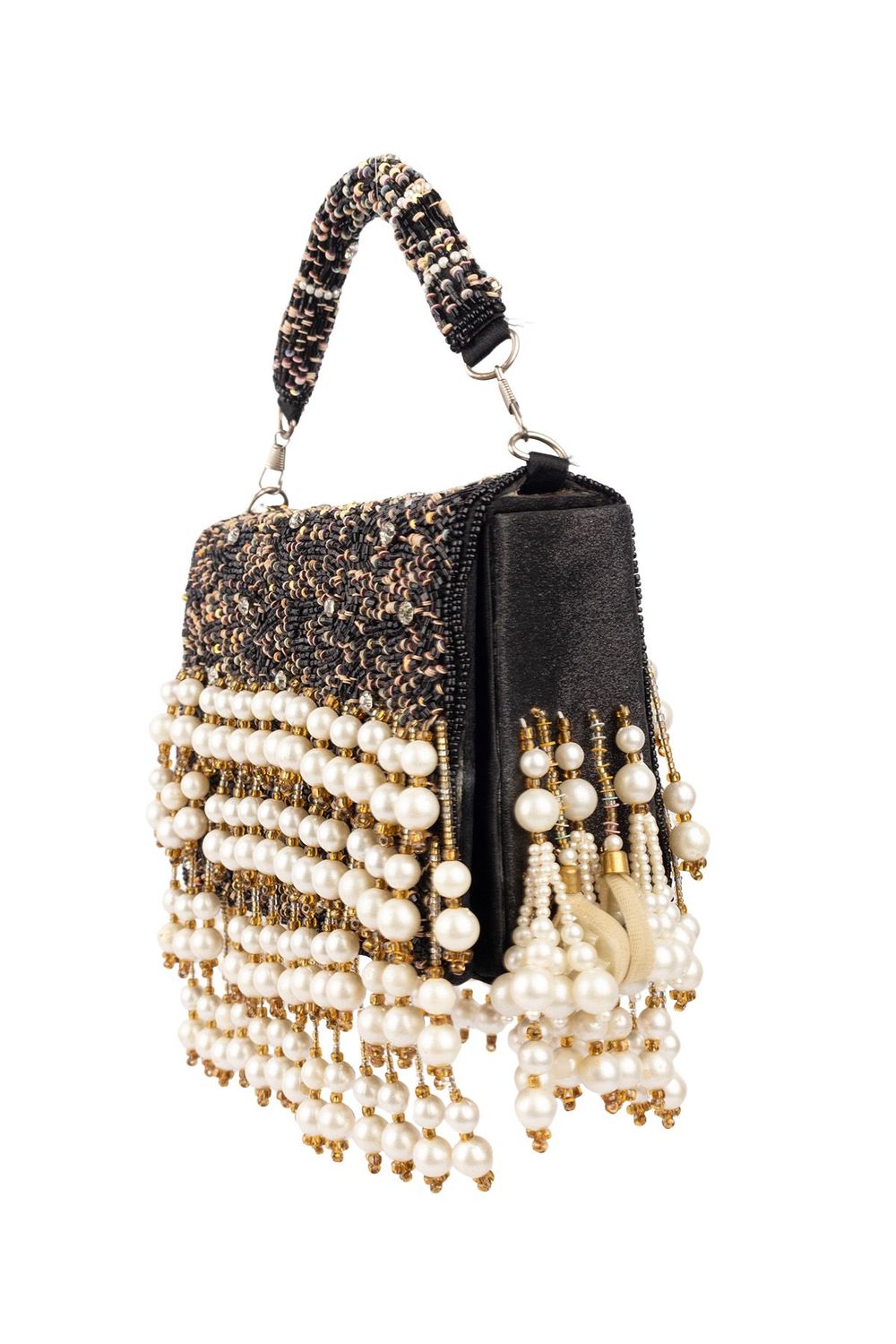 Black hand-embellished clutch bag with diamond pearl bead and sequin work with chain strap for party and wedding wear