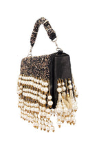 Black hand-embellished clutch bag with diamond pearl bead and sequin work with chain strap for party and wedding wear