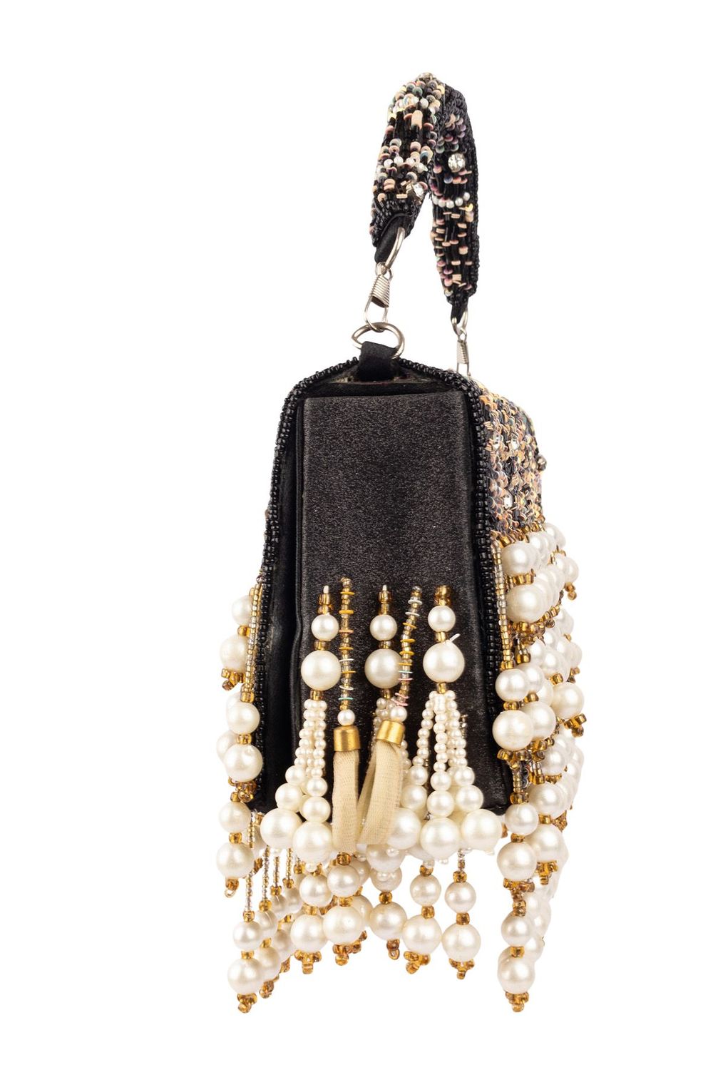 Black hand-embellished clutch bag with diamond pearl bead and sequin work with chain strap for party and wedding wear