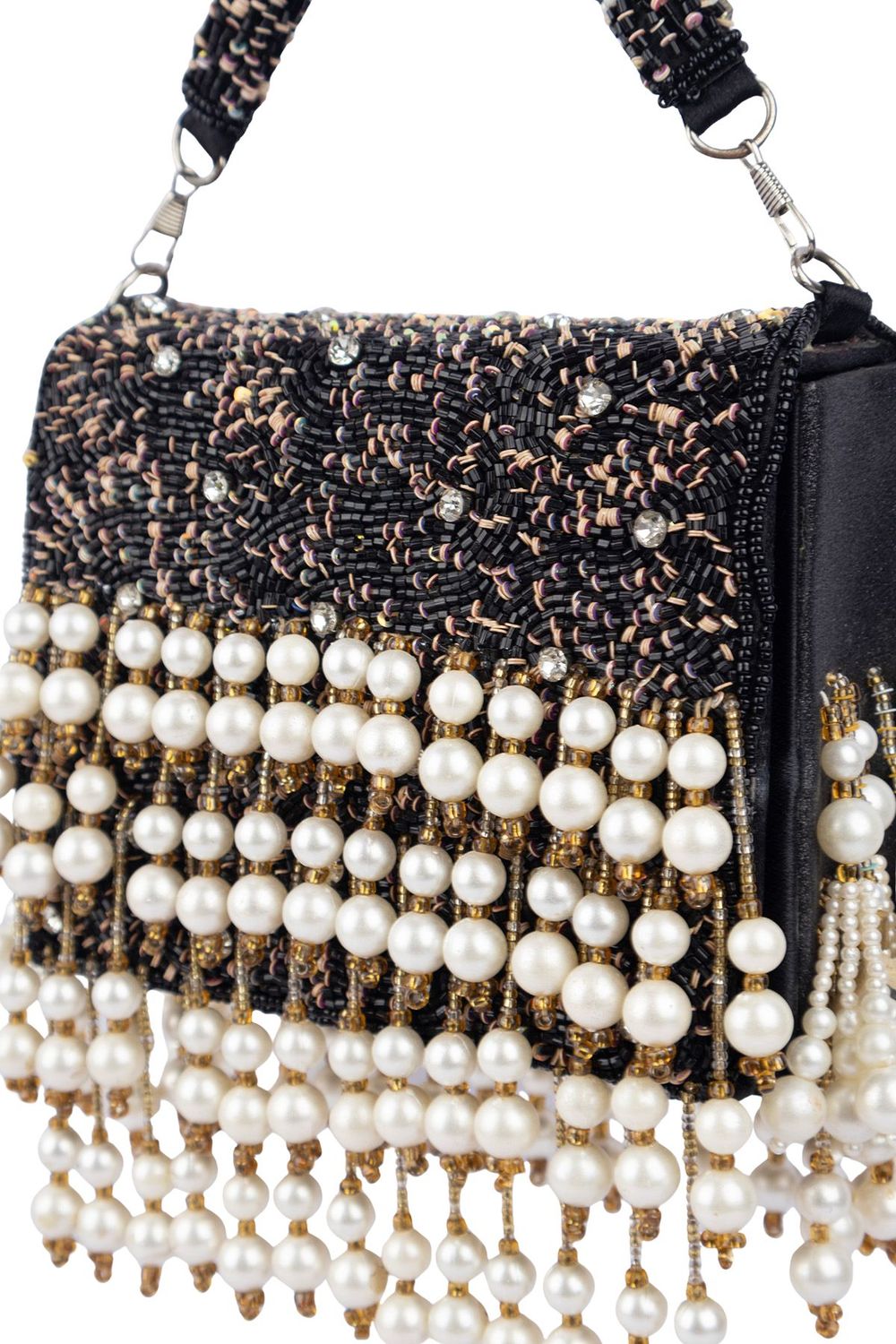 Black hand-embellished clutch bag with diamond pearl bead and sequin work with chain strap for party and wedding wear