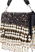 Black hand-embellished clutch bag with diamond pearl bead and sequin work with chain strap for party and wedding wear