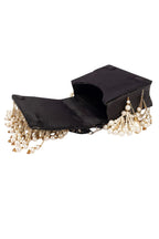 Black hand-embellished clutch bag with diamond pearl bead and sequin work with chain strap for party and wedding wear