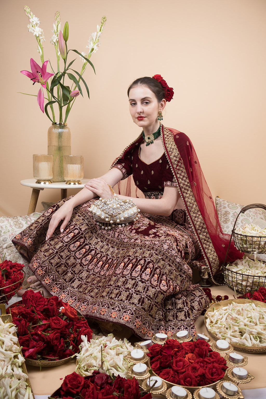 Pearl bead and crystal embellished ethnic clutch with detachable chain handle for wedding and bridal festive wear EETH