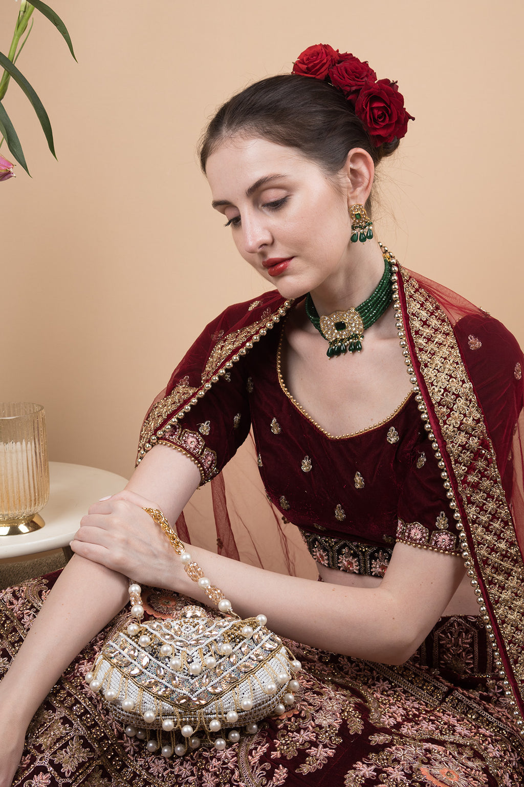 Pearl bead and crystal embellished ethnic clutch with detachable chain handle for wedding and bridal festive wear EETH