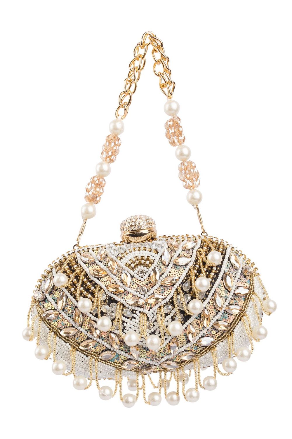 Pearl bead and crystal embellished ethnic clutch with detachable chain handle for wedding and bridal festive wear EETH
