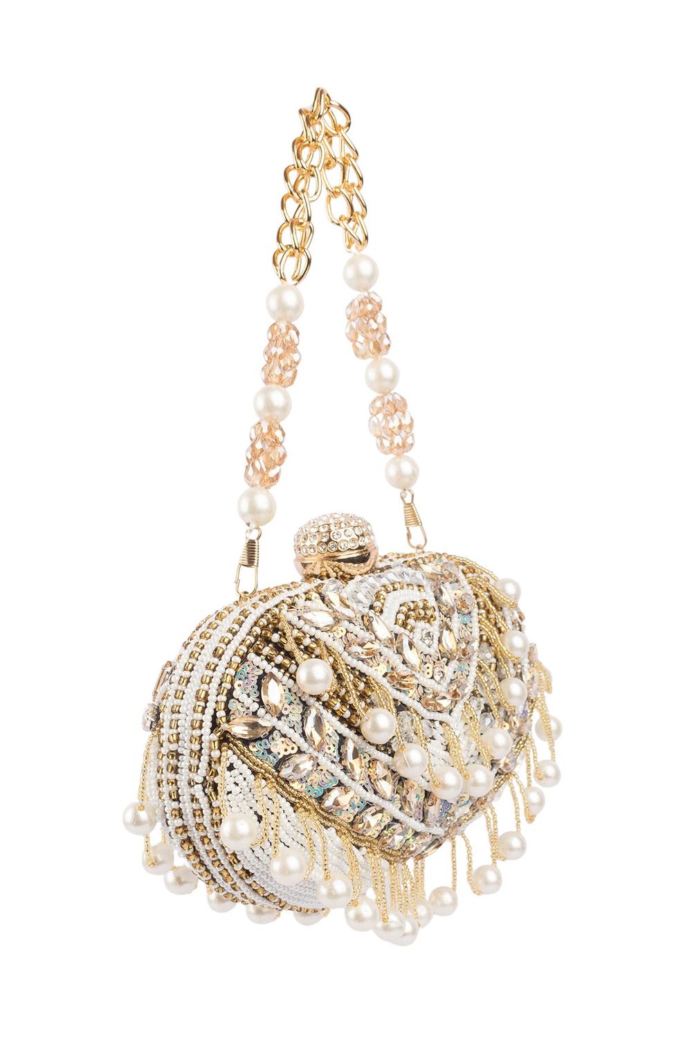 Pearl bead and crystal embellished ethnic clutch with detachable chain handle for wedding and bridal festive wear EETH
