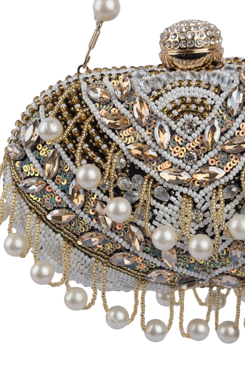 Pearl bead and crystal embellished ethnic clutch with detachable chain handle for wedding and bridal festive wear EETH