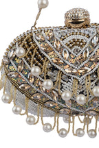 Pearl bead and crystal embellished ethnic clutch with detachable chain handle for wedding and bridal festive wear EETH