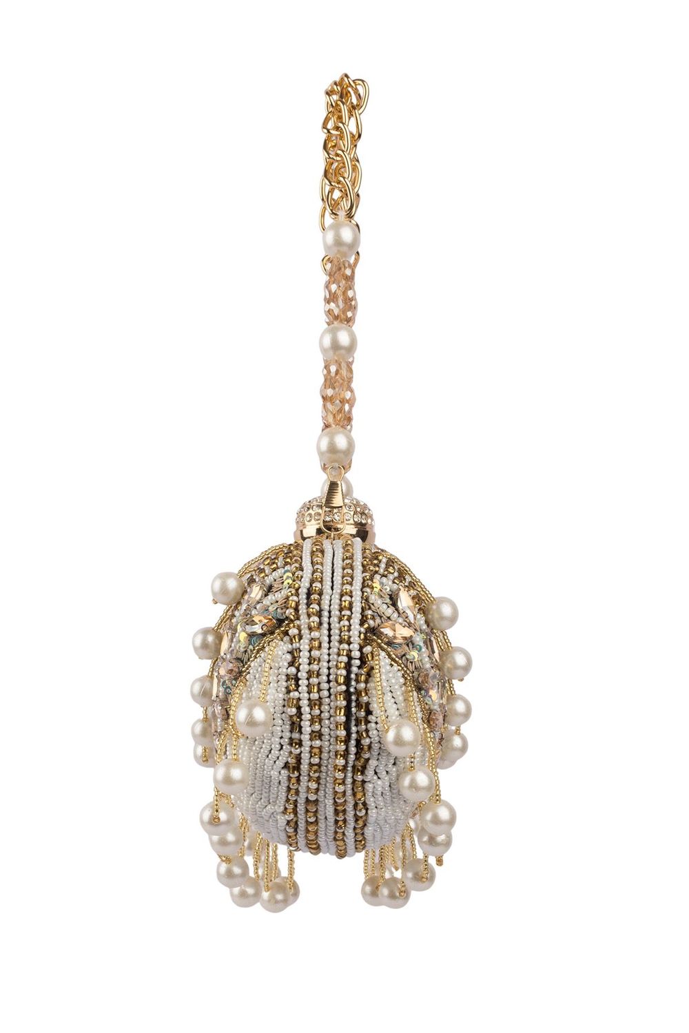 Pearl bead and crystal embellished ethnic clutch with detachable chain handle for wedding and bridal festive wear EETH