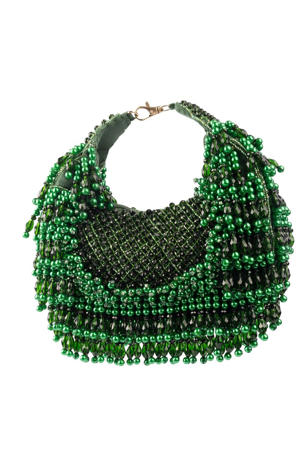 Emerald green pearl and bead embellished ethnic handle bag for wedding and festive wear