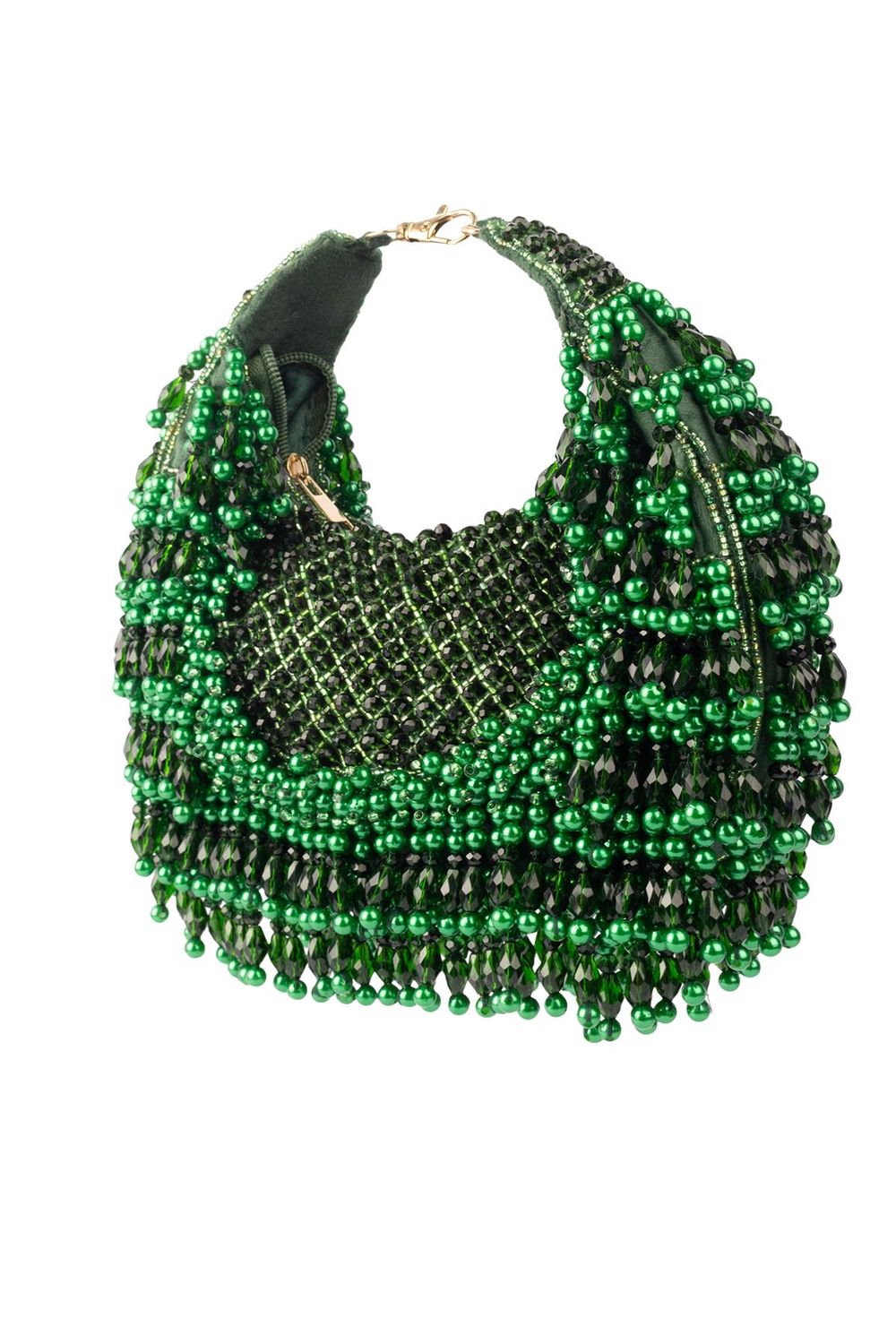 Emerald green pearl and bead embellished ethnic handle bag for wedding and festive wear