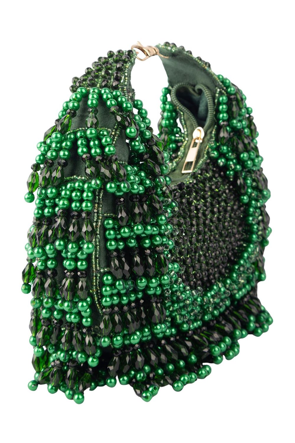 Emerald green pearl and bead embellished ethnic handle bag for wedding and festive wear