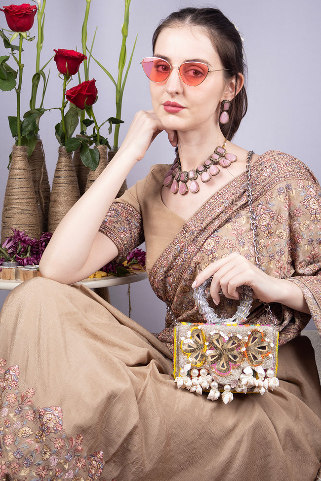 Multicolour Beaded Mirror Sequin Clutch Bag with Heart Handle Hover Image