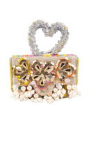 Multicolour beaded clutch bag with mirror work seashell embellishments heart handle and detachable chain for festive wear