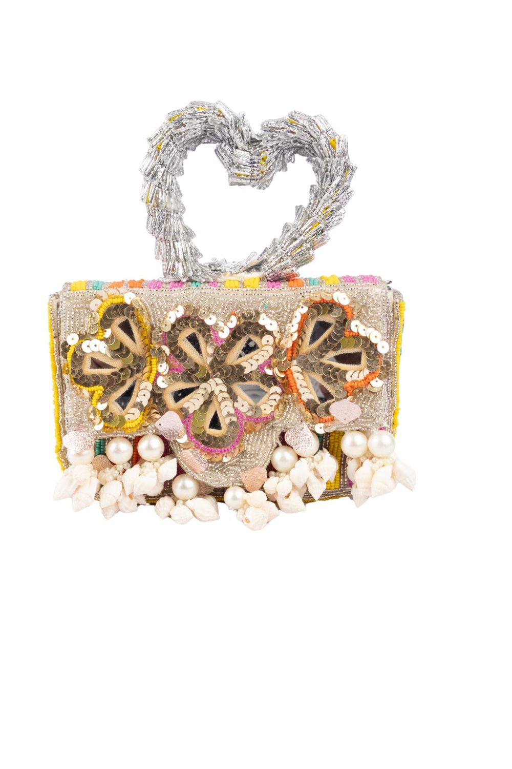 Multicolour beaded clutch bag with mirror work seashell embellishments heart handle and detachable chain for festive wear