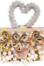 Multicolour beaded clutch bag with mirror work seashell embellishments heart handle and detachable chain for festive wear