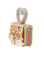 Multicolour beaded clutch bag with mirror work seashell embellishments heart handle and detachable chain for festive wear