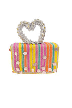 Multicolour beaded clutch bag with mirror work seashell embellishments heart handle and detachable chain for festive wear
