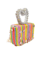 Multicolour beaded clutch bag with mirror work seashell embellishments heart handle and detachable chain for festive wear