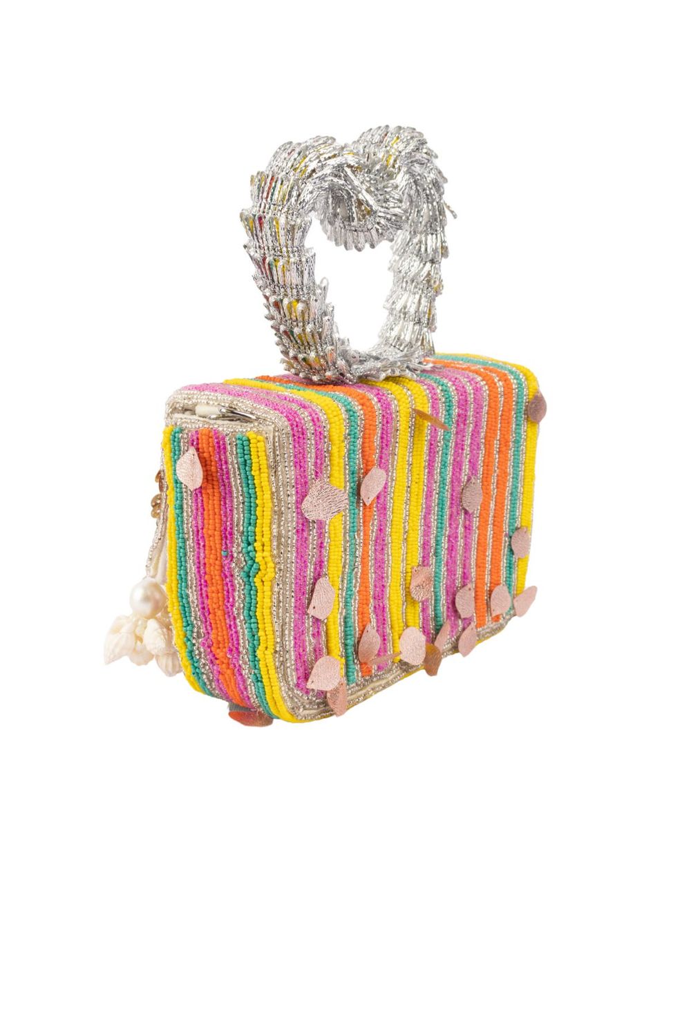 Multicolour beaded clutch bag with mirror work seashell embellishments heart handle and detachable chain for festive wear