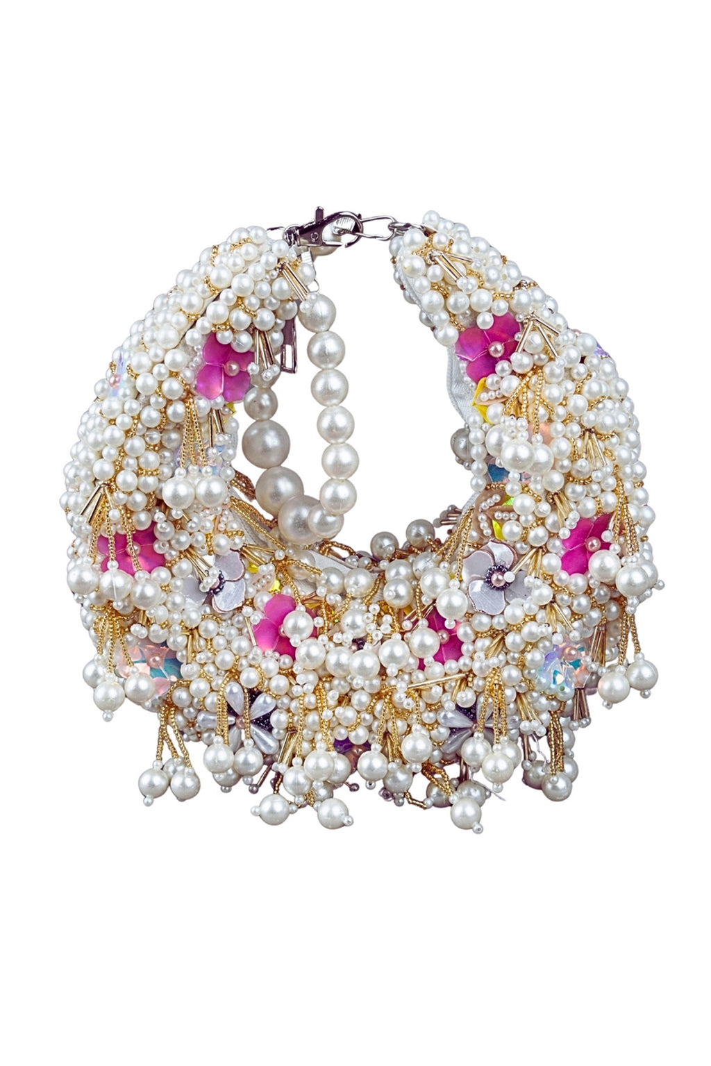 Ivory pearl cluster handle bag with floral embellishment handcrafted ethnic clutch for wedding and festive wear