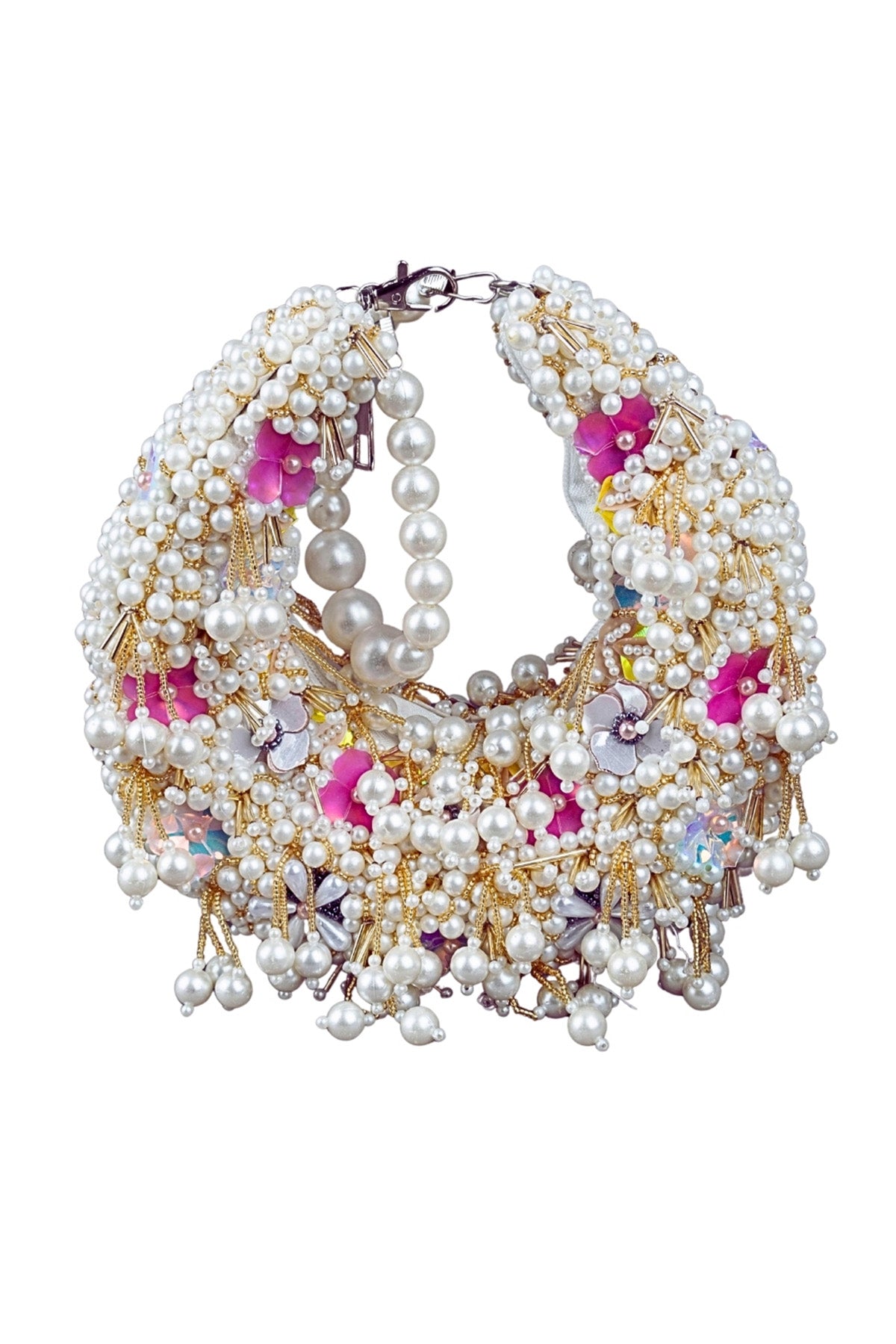 Ivory pearl cluster handle bag with floral embellishment handcrafted ethnic clutch for wedding and festive wear