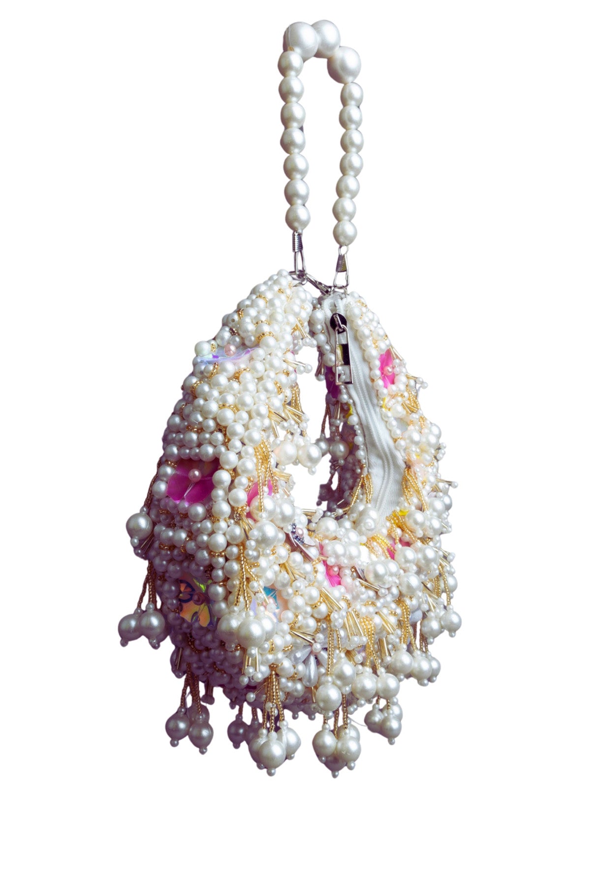 Ivory pearl cluster handle bag with floral embellishment handcrafted ethnic clutch for wedding and festive wear