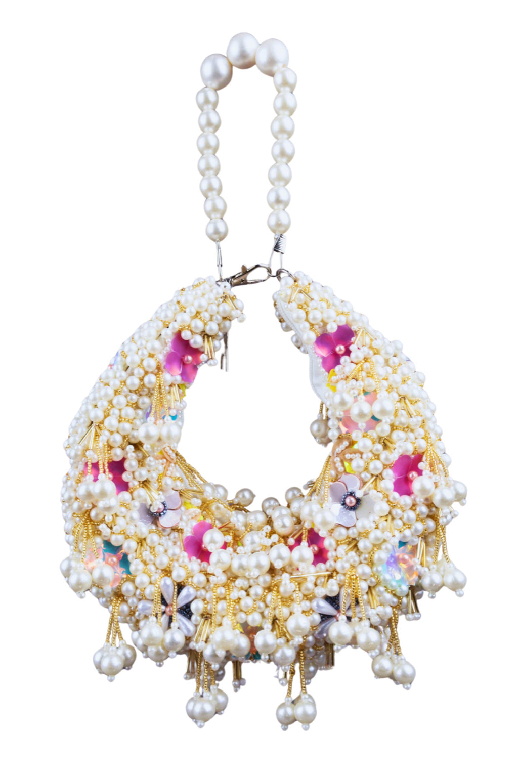 Ivory pearl cluster handle bag with floral embellishment handcrafted ethnic clutch for wedding and festive wear
