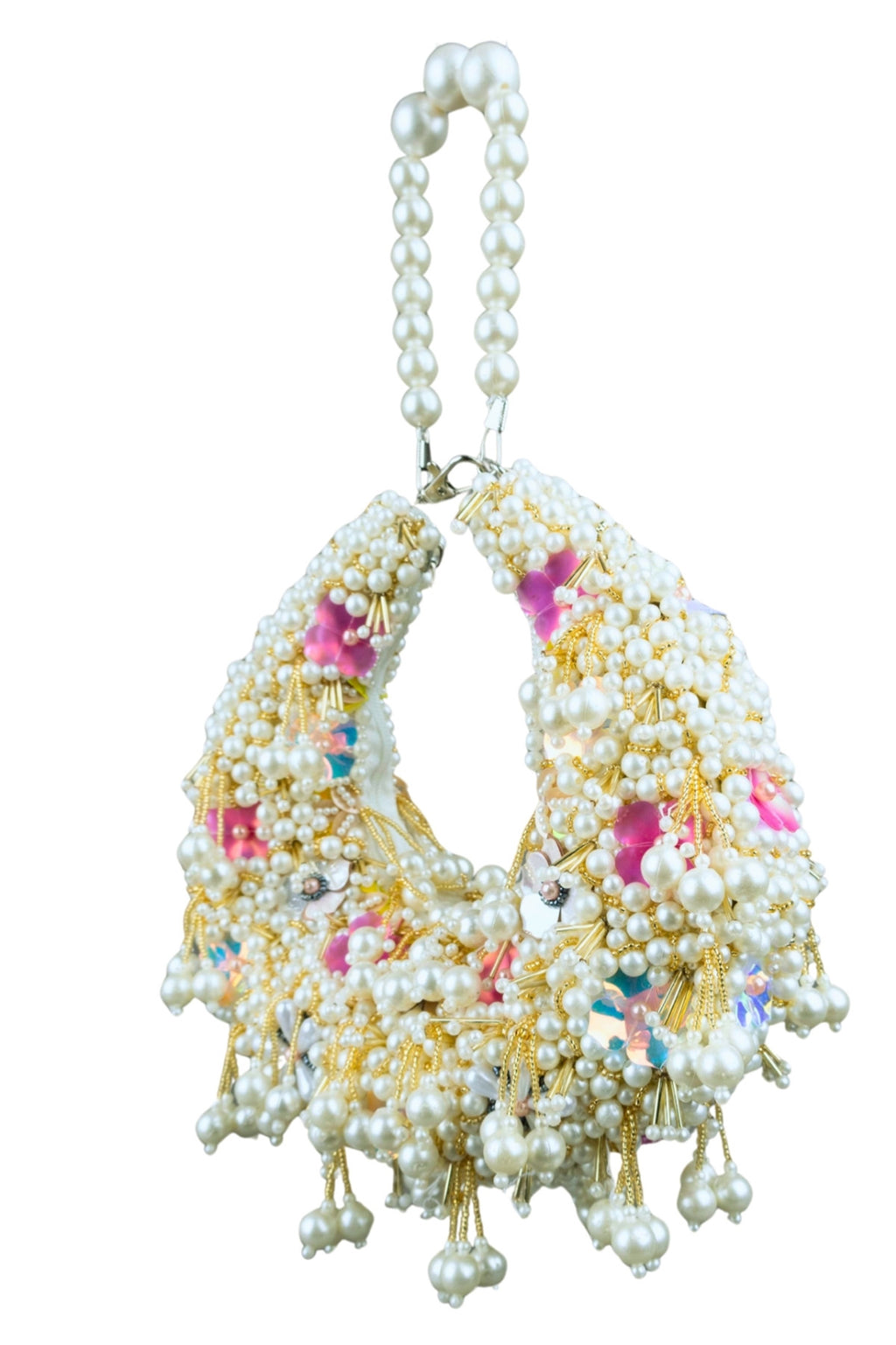 Ivory pearl cluster handle bag with floral embellishment handcrafted ethnic clutch for wedding and festive wear