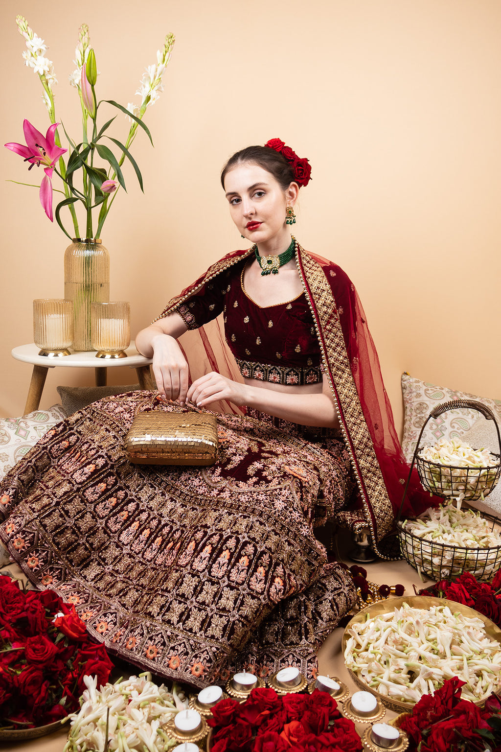 Gold sequin embellished handbag with metal handle raw silk lining and button closure for wedding and festive party wear