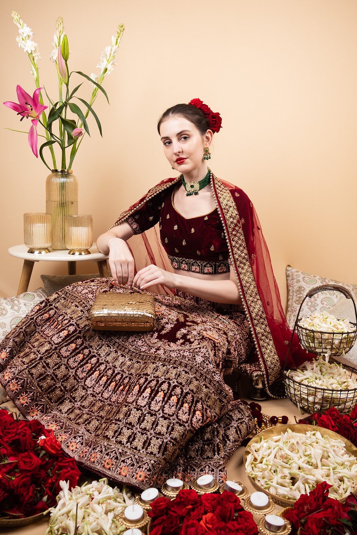 Gold sequin embellished handbag with metal handle raw silk lining and button closure for wedding and festive party wear