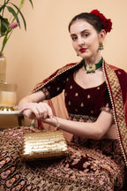 Gold sequin embellished handbag with metal handle raw silk lining and button closure for wedding and festive party wear