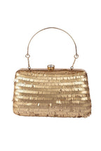 Gold sequin embellished handbag with metal handle raw silk lining and button closure for wedding and festive party wear