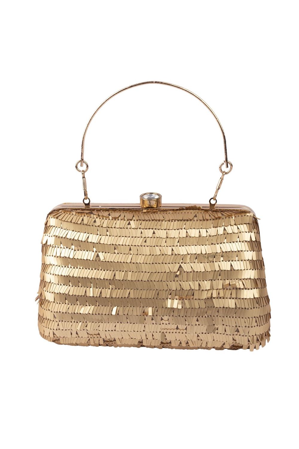 Gold sequin embellished handbag with metal handle raw silk lining and button closure for wedding and festive party wear
