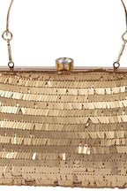 Gold sequin embellished handbag with metal handle raw silk lining and button closure for wedding and festive party wear