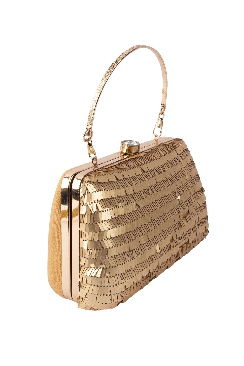 Gold sequin embellished handbag with metal handle raw silk lining and button closure for wedding and festive party wear